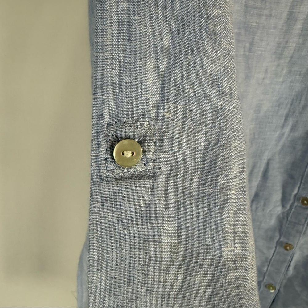 Tahari French blue 100% linen tunic shirt top split hem S Button -Up Top - Picture 7 of 14